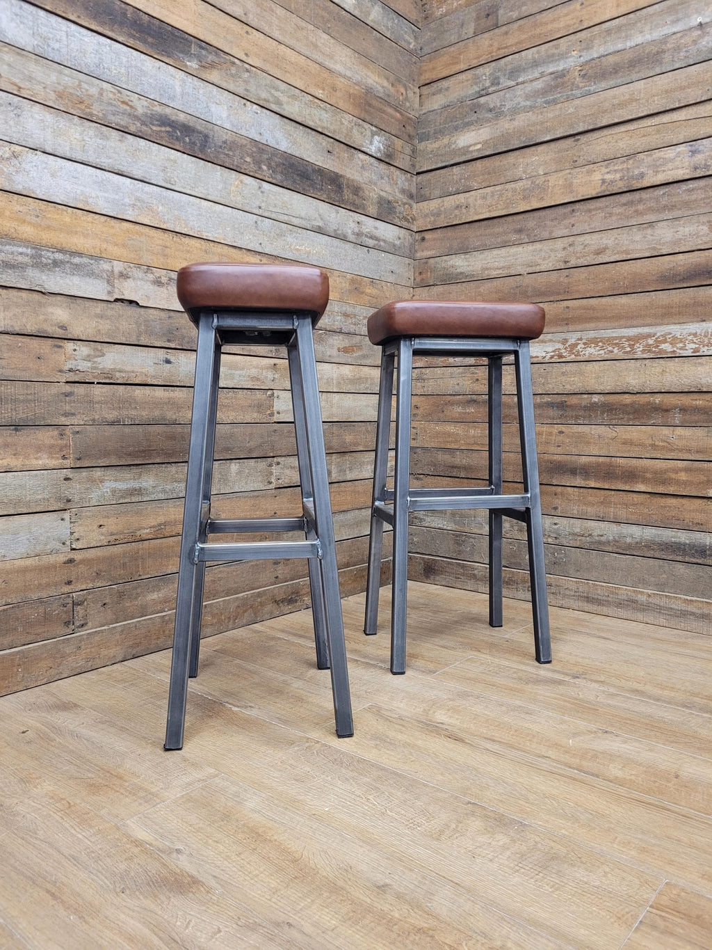 Pair Industrial Bar Stools Faux Leather Metal Frame Seating