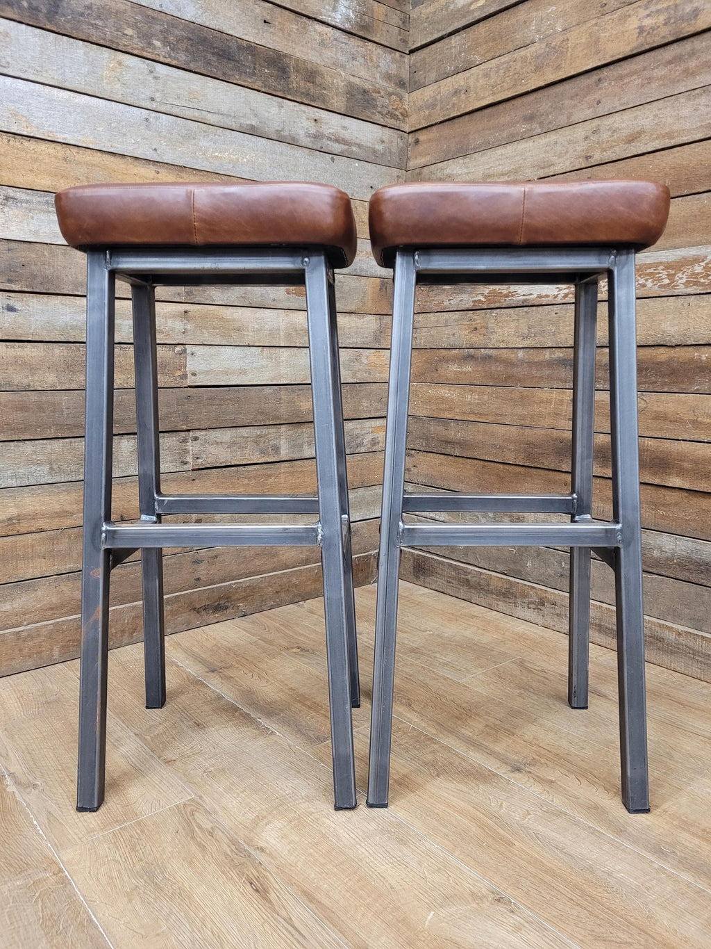 Pair Industrial Bar Stools Faux Leather Metal Frame Seating