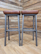 Pair Industrial Bar Stools Faux Leather Metal Frame Seating