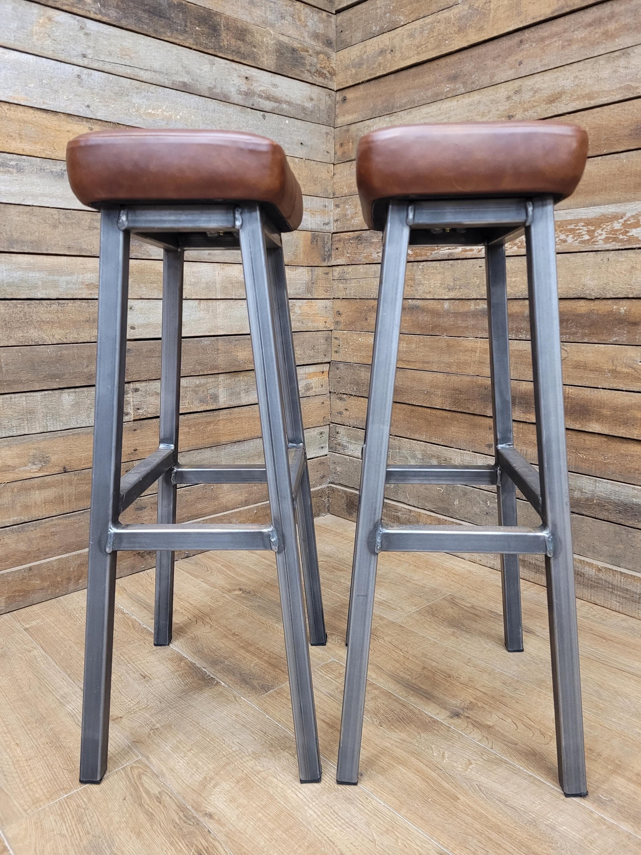 Pair Industrial Bar Stools Faux Leather Metal Frame Seating