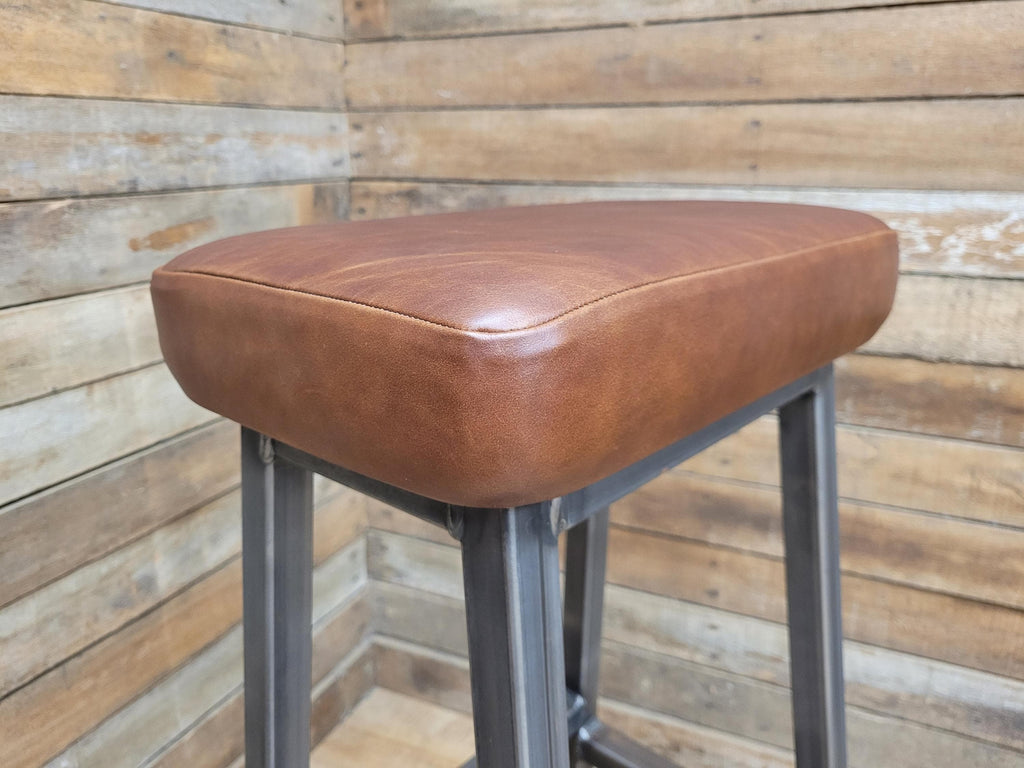 Pair Industrial Bar Stools Faux Leather Metal Frame Seating