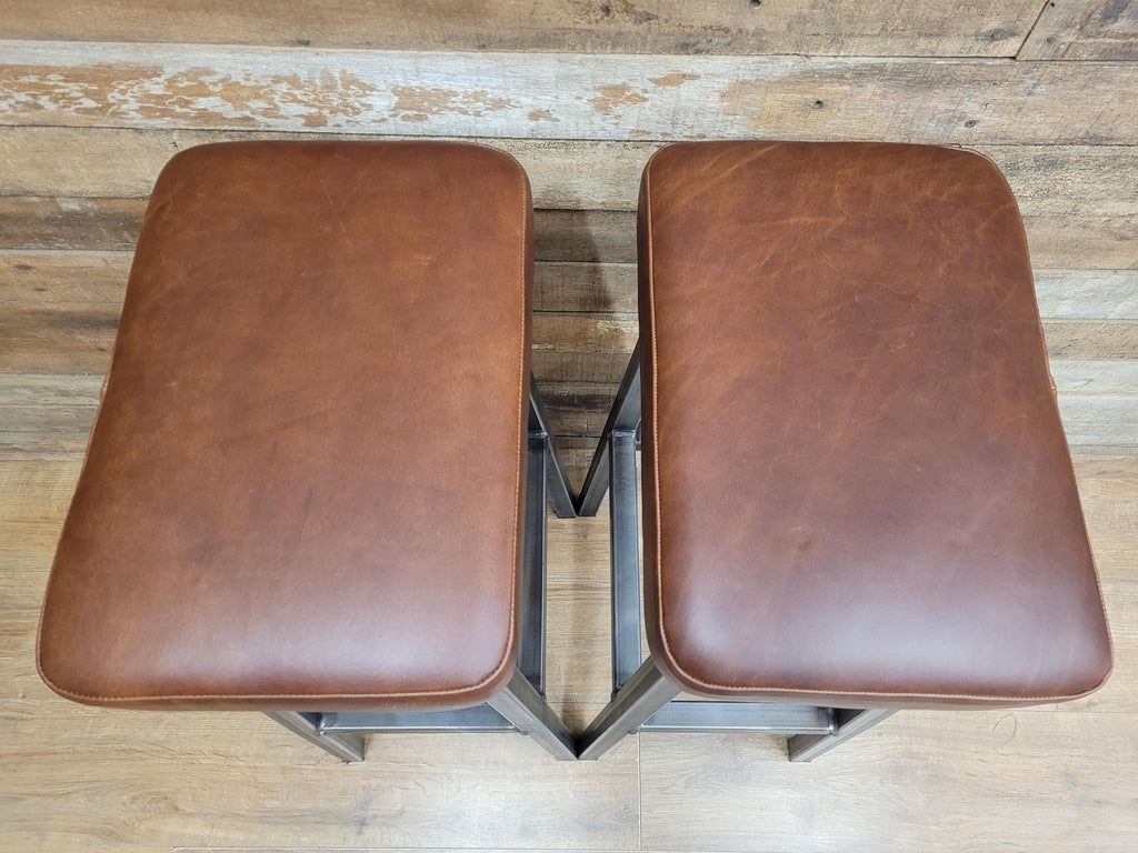 Pair Industrial Bar Stools Faux Leather Metal Frame Seating