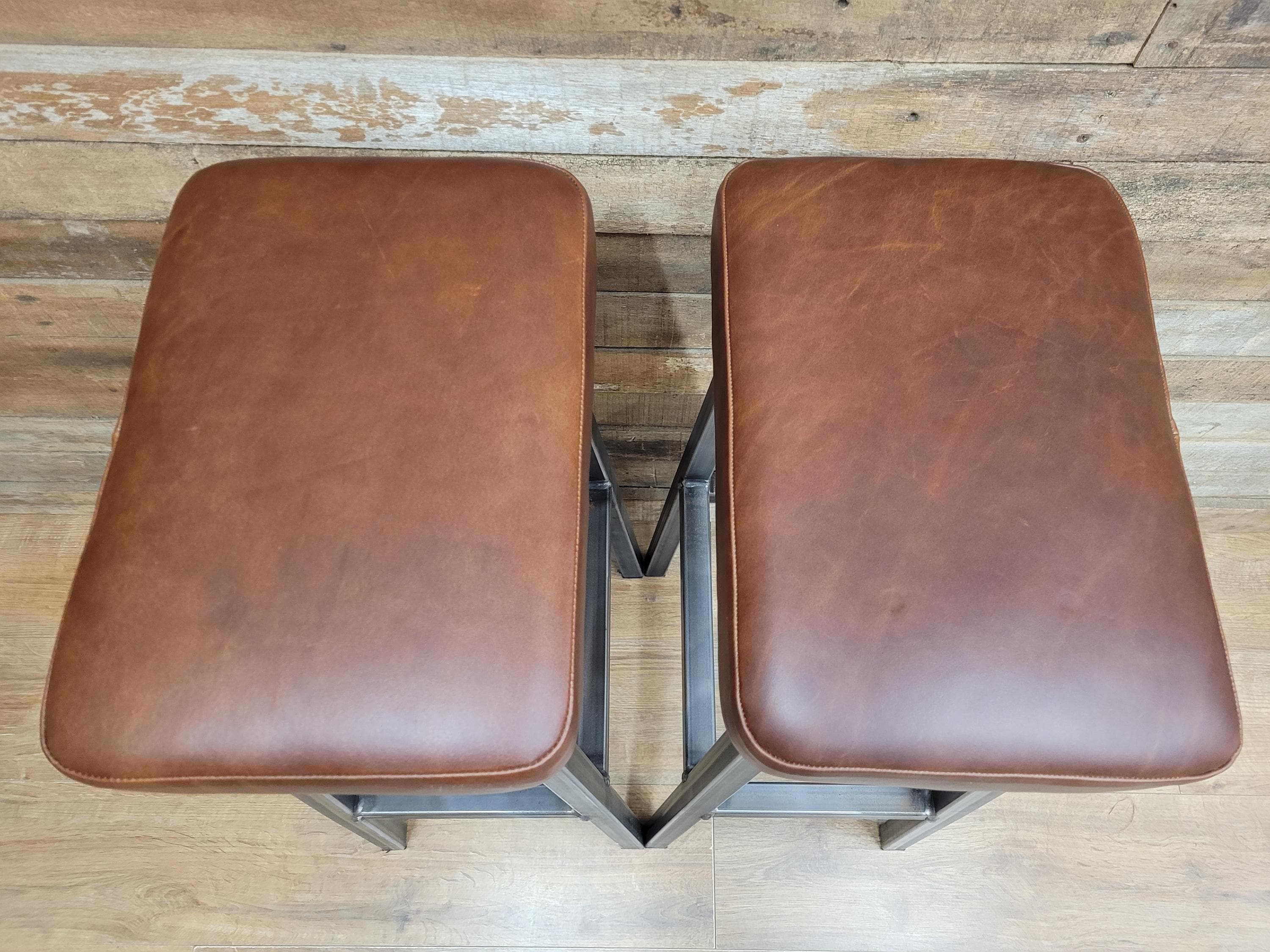 Pair Industrial Bar Stools Faux Leather Metal Frame Seating