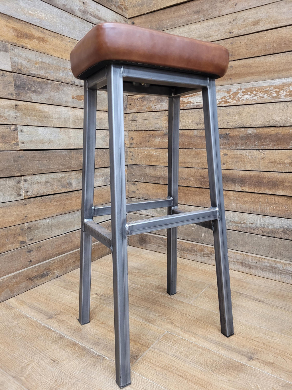 Pair Industrial Bar Stools Faux Leather Metal Frame Seating