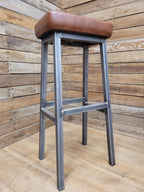 Pair Industrial Bar Stools Faux Leather Metal Frame Seating