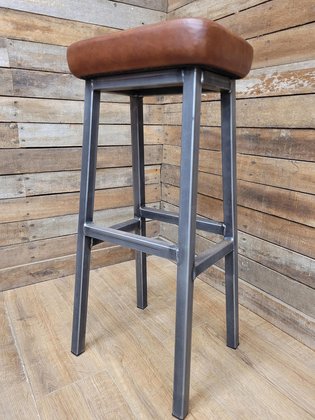 Pair Industrial Bar Stools Faux Leather Metal Frame Seating