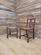 Pair Art Deco Style Vintage Oak Dining Chairs Brown Leatherette Seats
