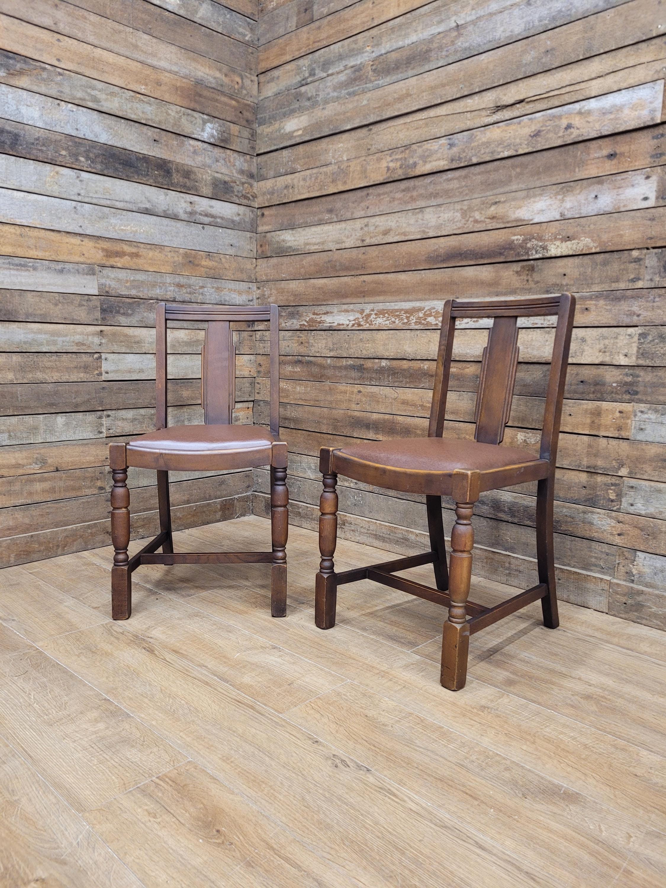 Pair Art Deco Style Vintage Oak Dining Chairs Brown Leatherette Seats
