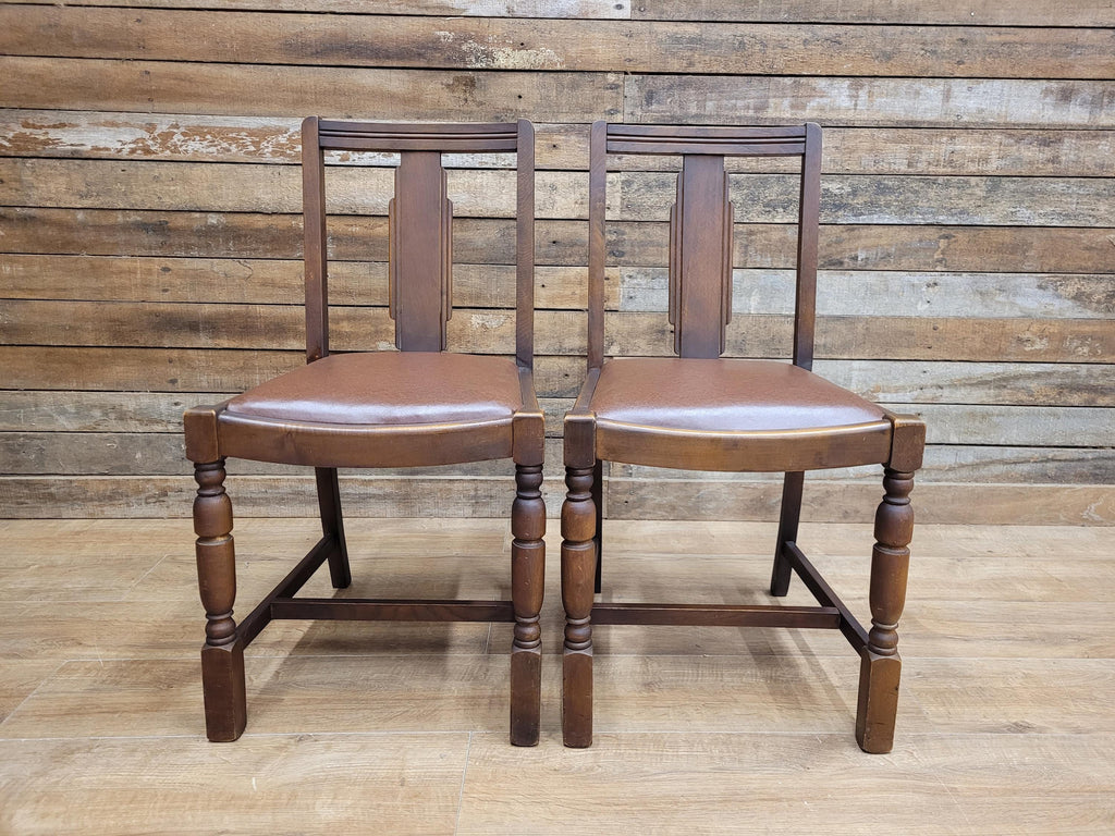 Pair Art Deco Style Vintage Oak Dining Chairs Brown Leatherette Seats
