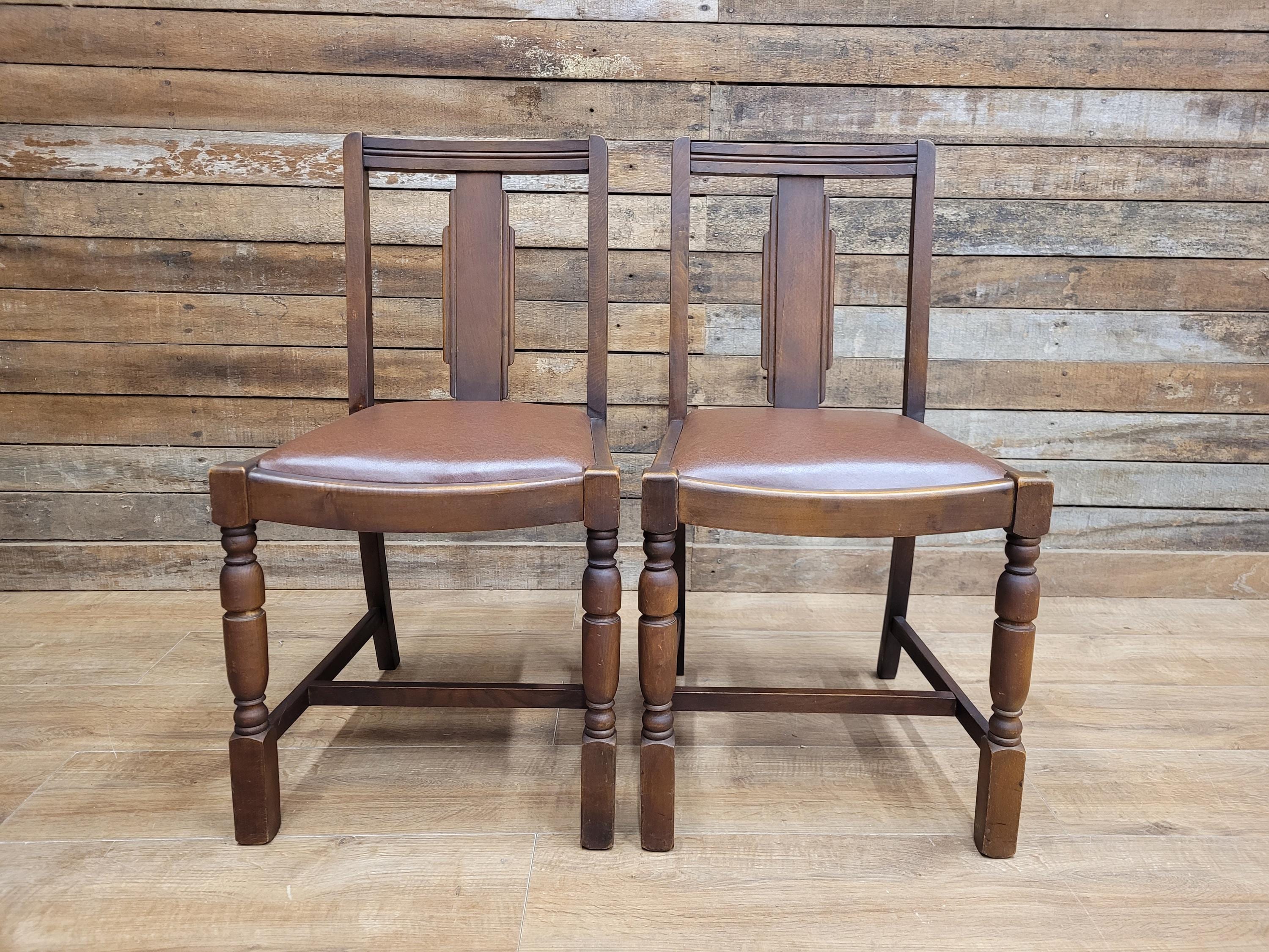 Pair Art Deco Style Vintage Oak Dining Chairs Brown Leatherette Seats