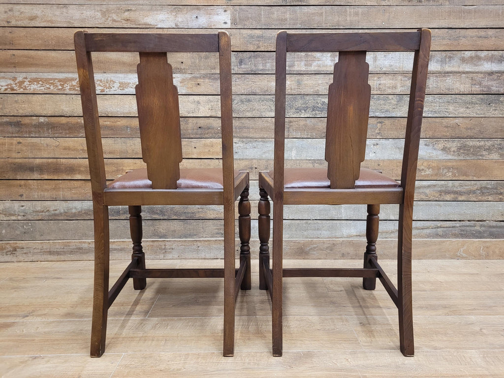 Pair Art Deco Style Vintage Oak Dining Chairs Brown Leatherette Seats
