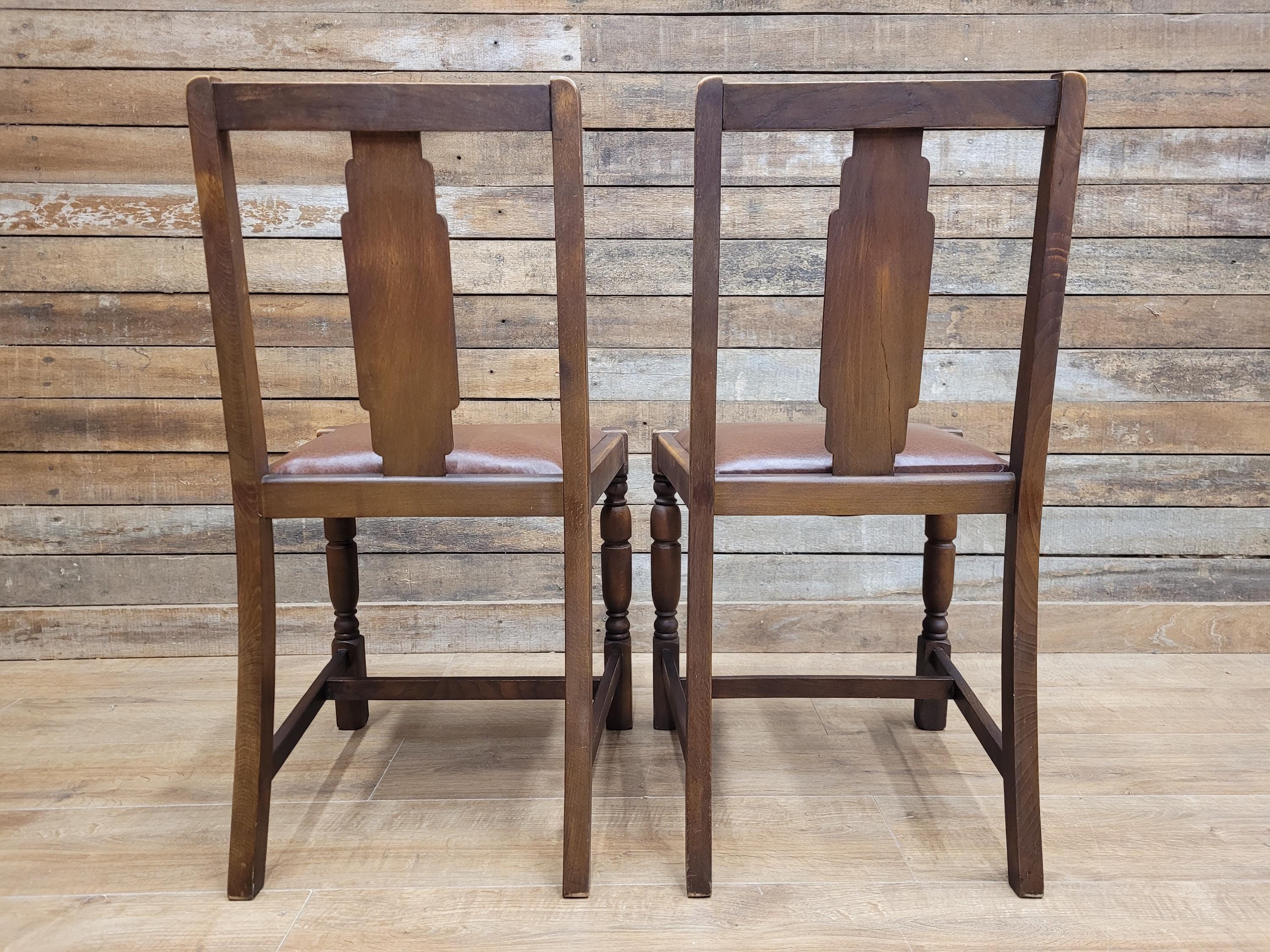 Pair Art Deco Style Vintage Oak Dining Chairs Brown Leatherette Seats
