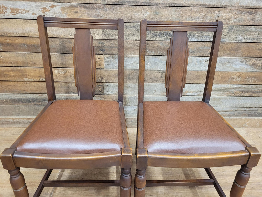 Pair Art Deco Style Vintage Oak Dining Chairs Brown Leatherette Seats