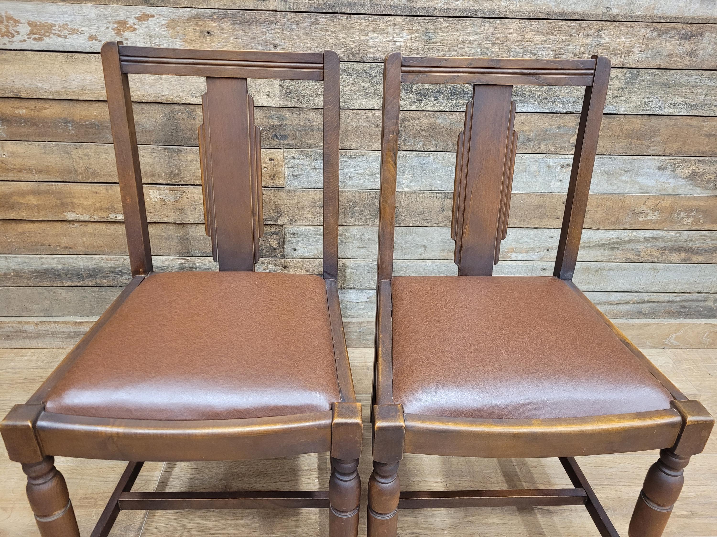 Pair Art Deco Style Vintage Oak Dining Chairs Brown Leatherette Seats