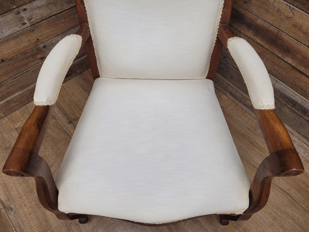 Mahogany Armchair Louis Philippe Style Upholstered Spoon Back Scroll Arm Chair