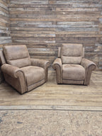 Pair Electric Recliner Faux Leather Armchairs Brown Scroll Arm Lounge