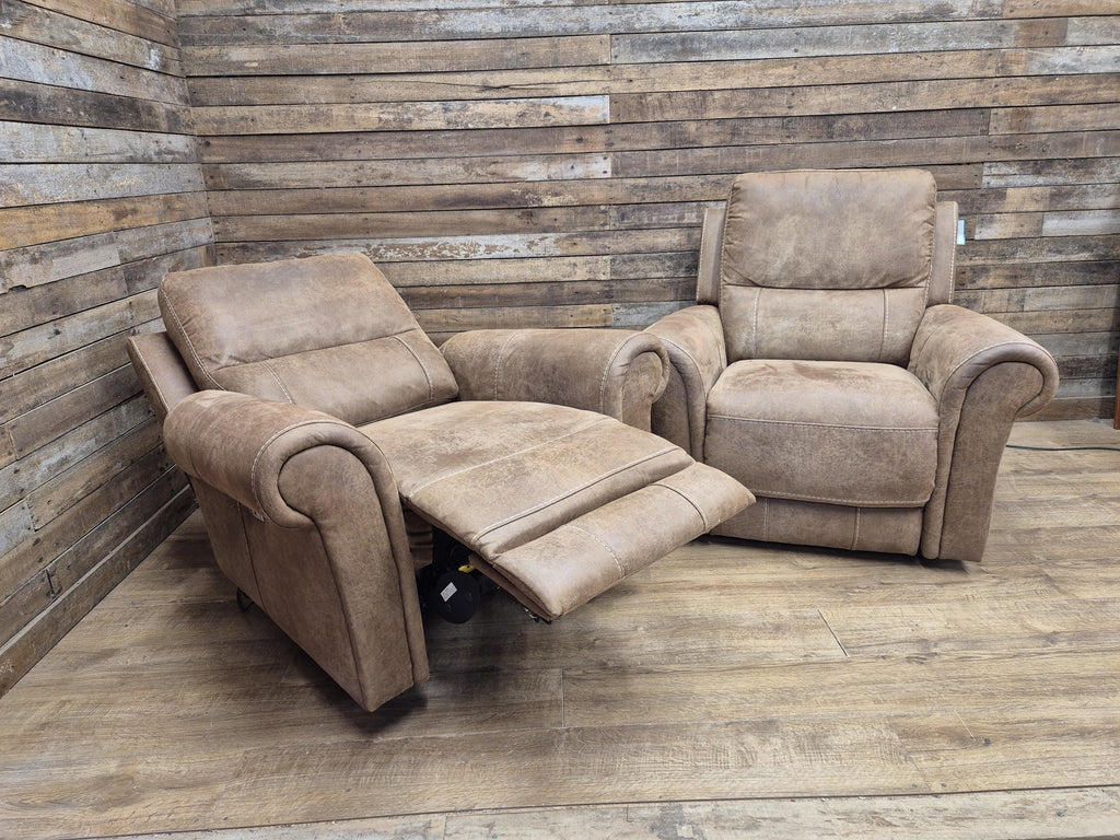 Pair Electric Recliner Faux Leather Armchairs Brown Scroll Arm Lounge