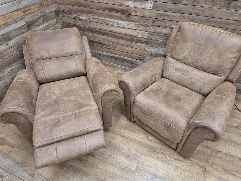 Pair Electric Recliner Faux Leather Armchairs Brown Scroll Arm Lounge