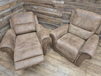 Pair Electric Recliner Faux Leather Armchairs Brown Scroll Arm Lounge