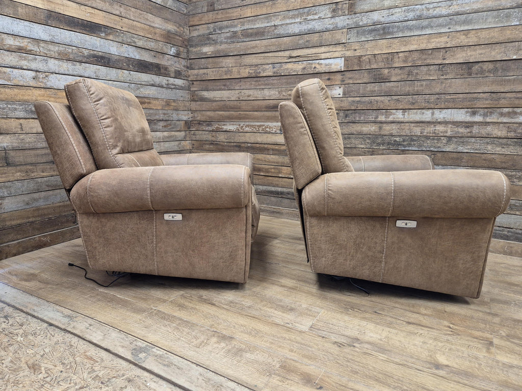 Pair Electric Recliner Faux Leather Armchairs Brown Scroll Arm Lounge