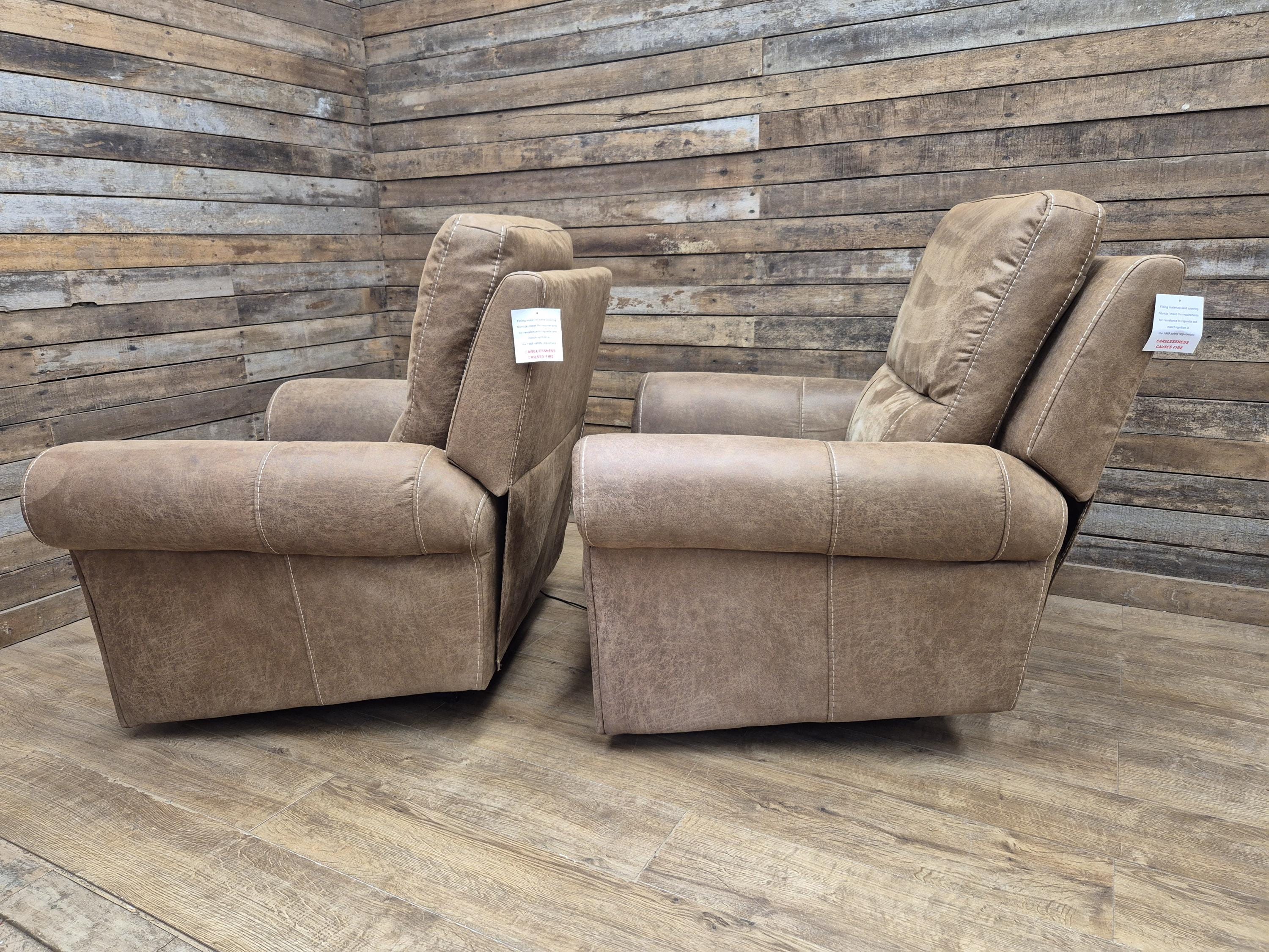 Pair Electric Recliner Faux Leather Armchairs Brown Scroll Arm Lounge