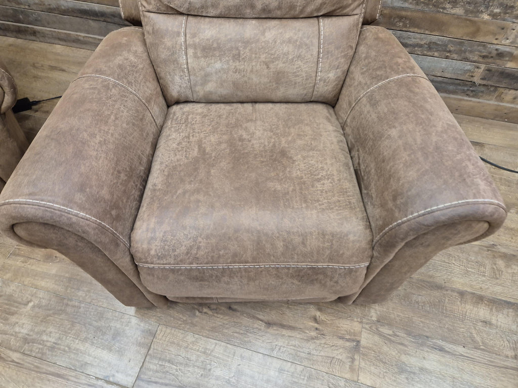 Pair Electric Recliner Faux Leather Armchairs Brown Scroll Arm Lounge