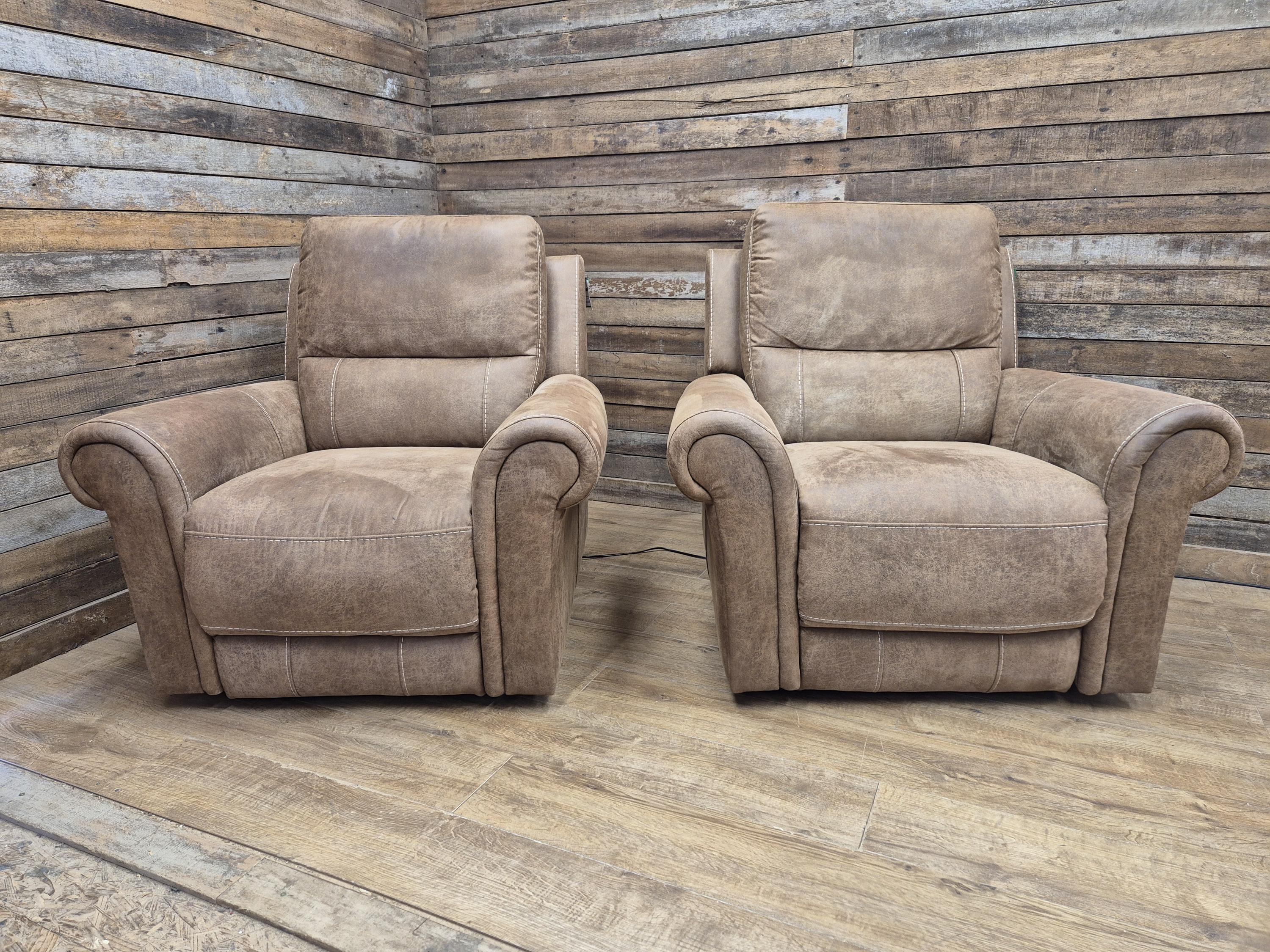 Pair Electric Recliner Faux Leather Armchairs Brown Scroll Arm Lounge