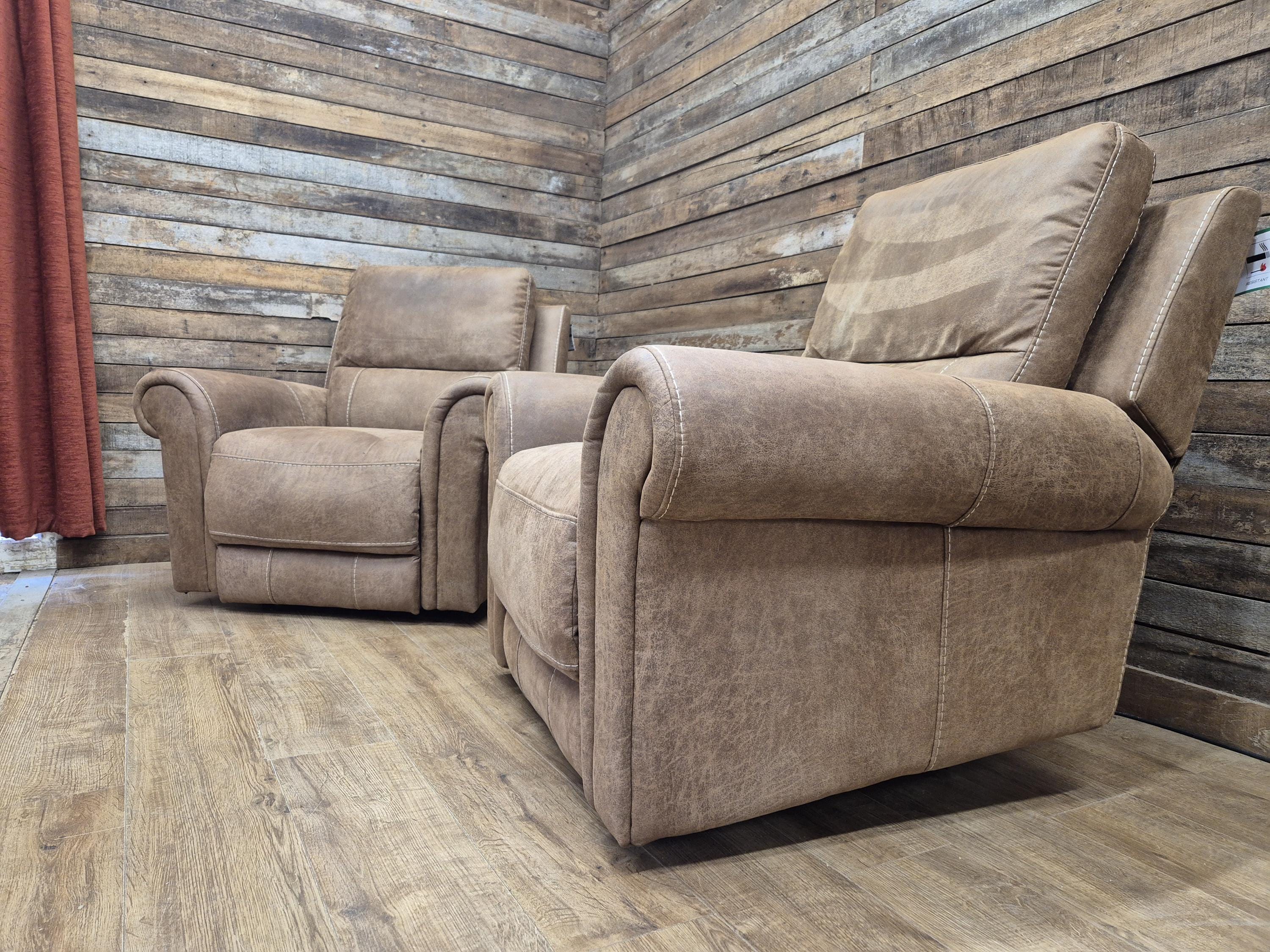 Pair Electric Recliner Faux Leather Armchairs Brown Scroll Arm Lounge