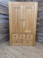 Oak Double Wardrobe Five Drawer Rustic Bedroom Armoire Storage