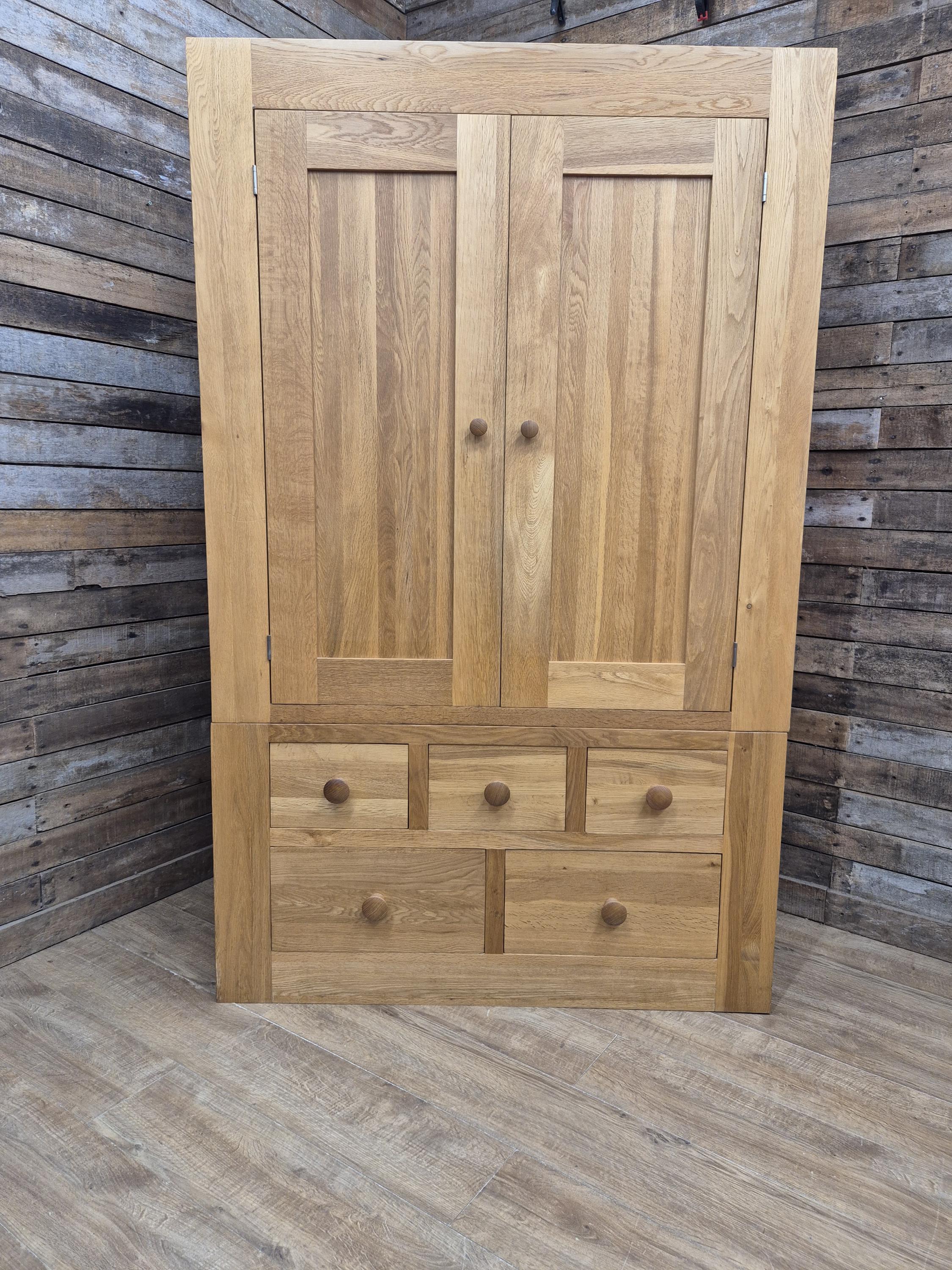 Oak Double Wardrobe Five Drawer Rustic Bedroom Armoire Storage