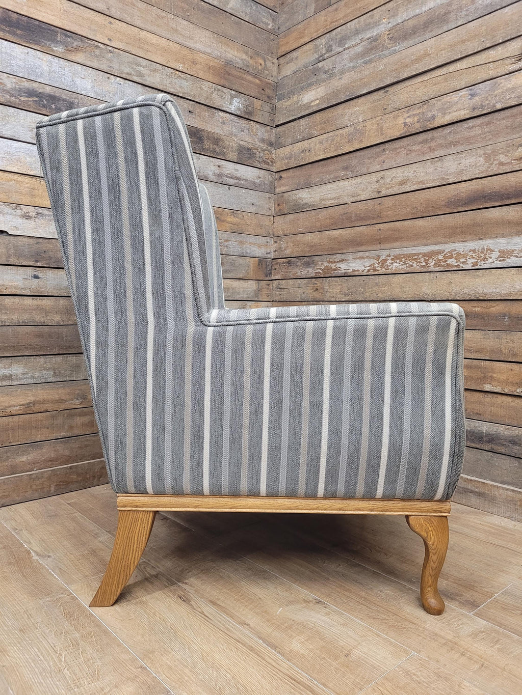 Old Charm Blakeney Wingback Armchair Oak Fireside Chair Striped Upholstery