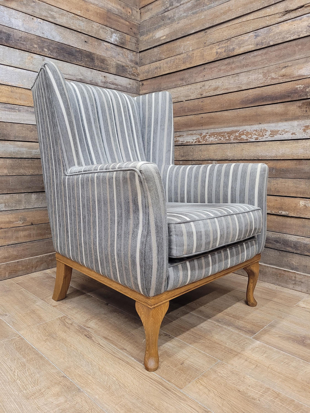 Old Charm Blakeney Wingback Armchair Oak Fireside Chair Striped Upholstery