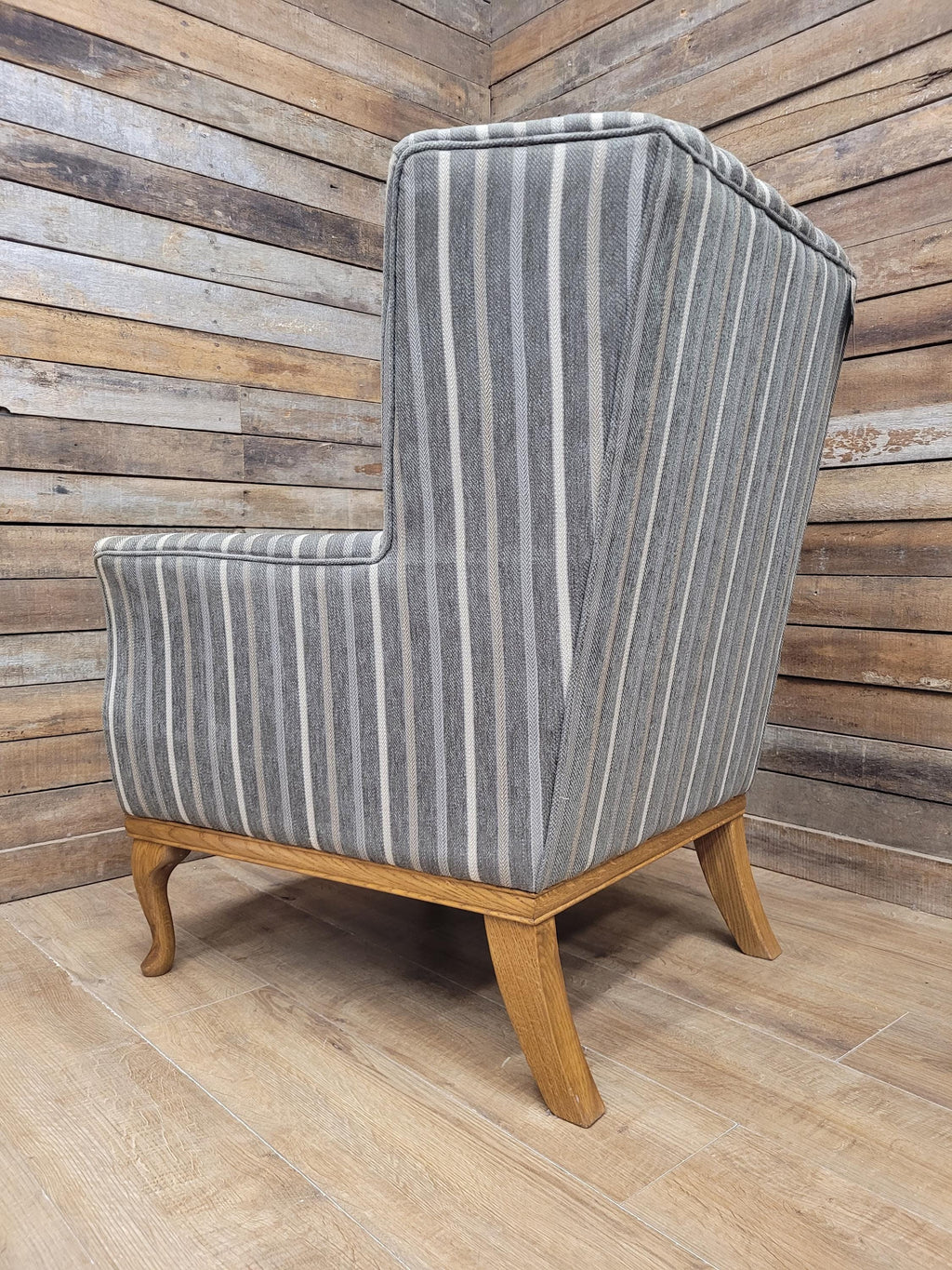 Old Charm Blakeney Wingback Armchair Oak Fireside Chair Striped Upholstery