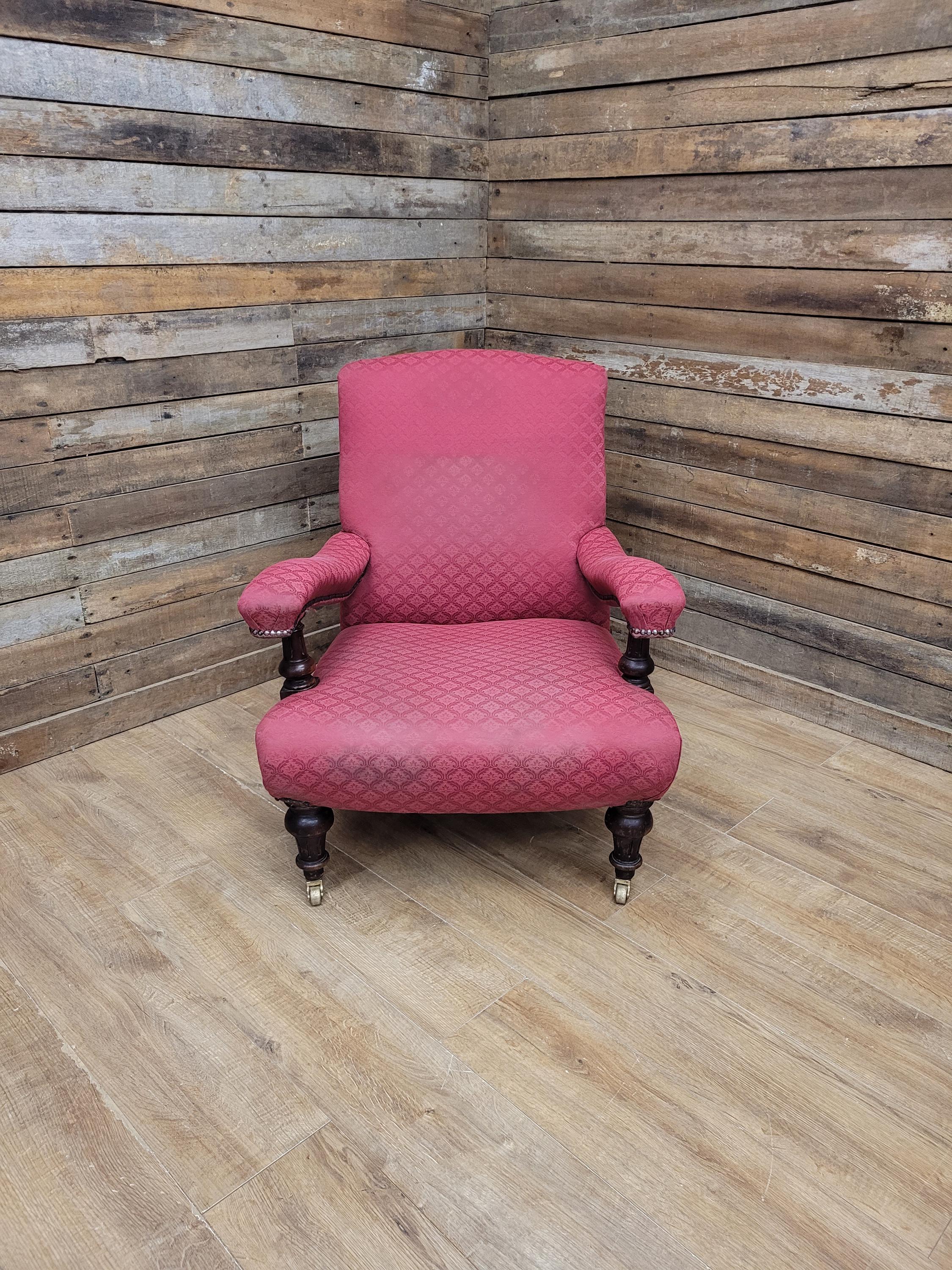 Victorian Armchair Mahogany Upholstered Library Lounge Chair Castors