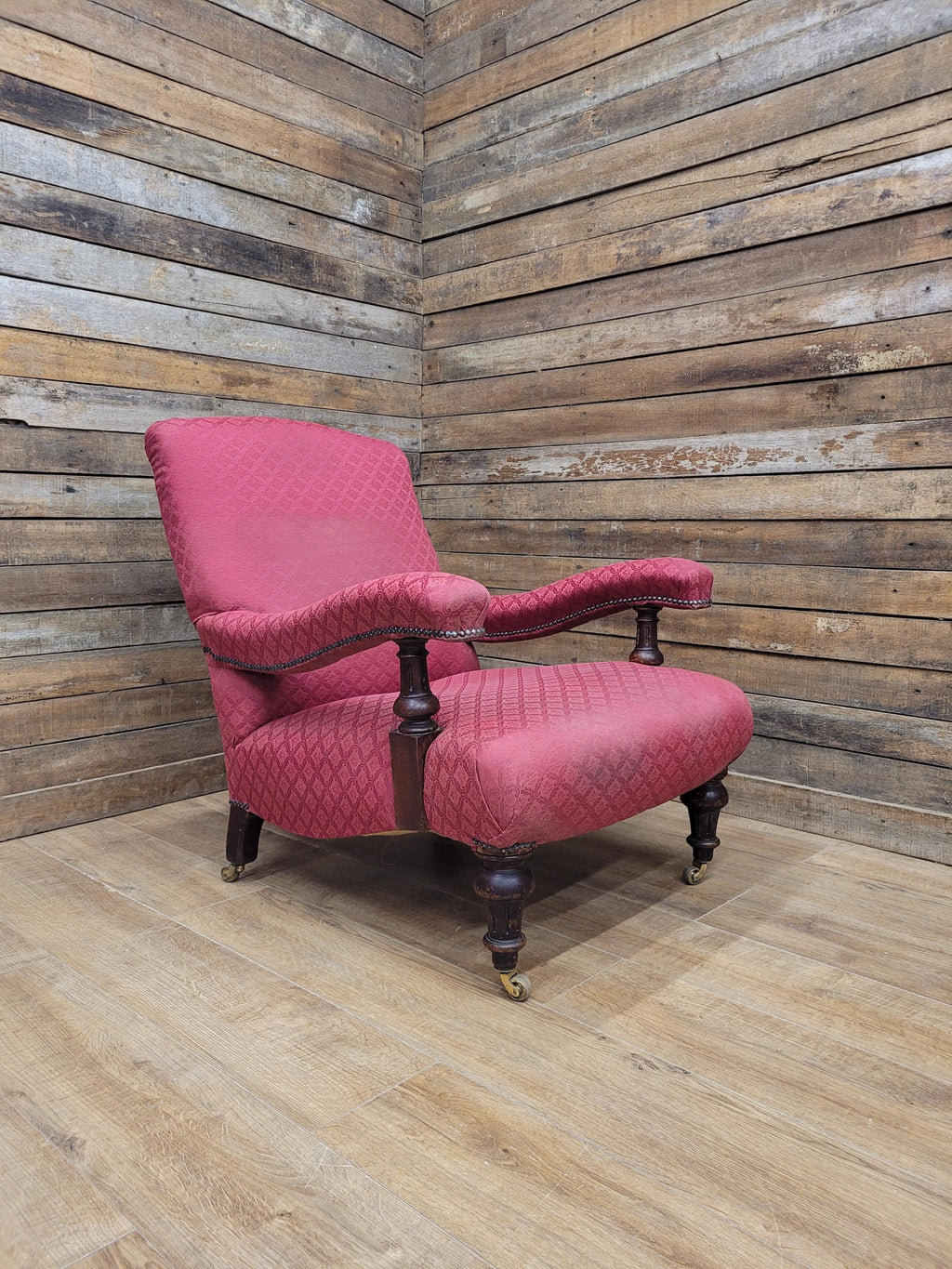 Victorian Armchair Mahogany Upholstered Library Lounge Chair Castors