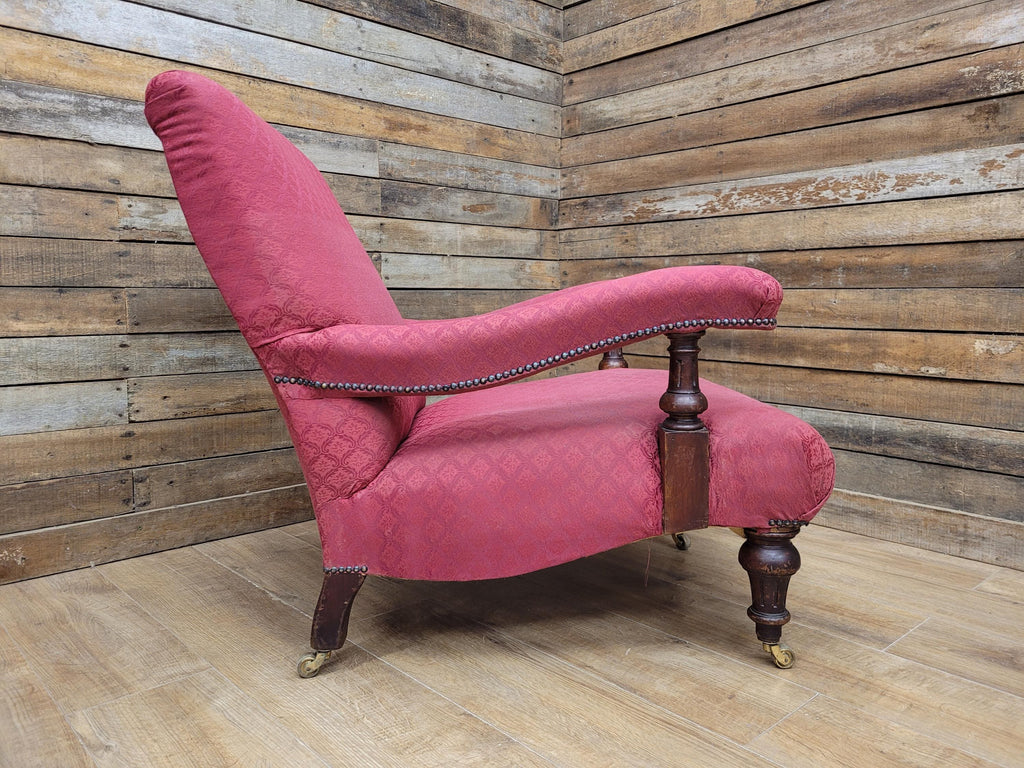 Victorian Armchair Mahogany Upholstered Library Lounge Chair Castors
