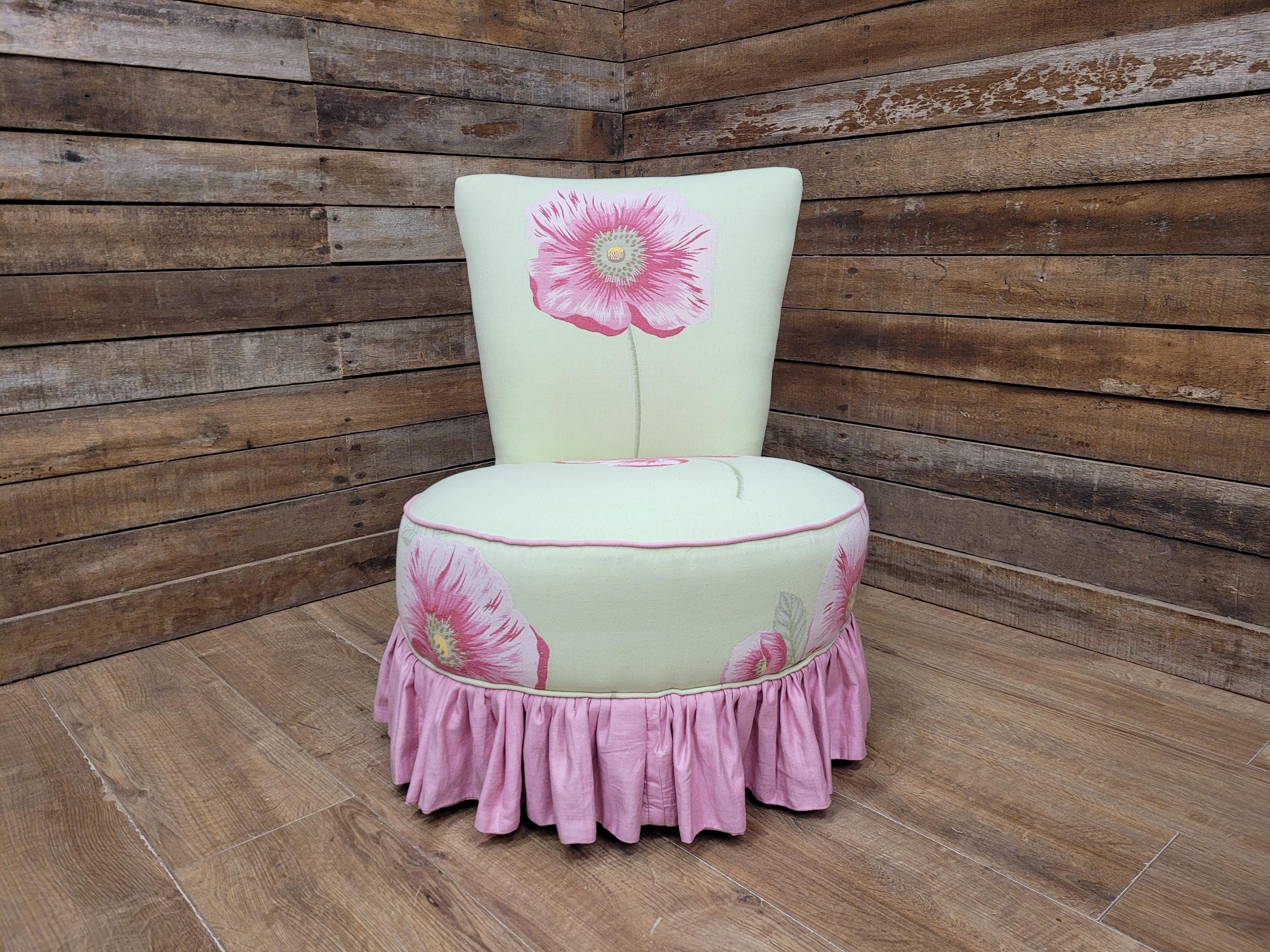 Floral Upholstered Slipper Chair Vintage Style Ruffled Accent Seat