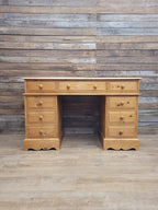 Pine Pedestal Desk Country Style Nine Drawer Home Office Writing Table