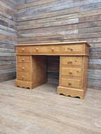 Pine Pedestal Desk Country Style Nine Drawer Home Office Writing Table