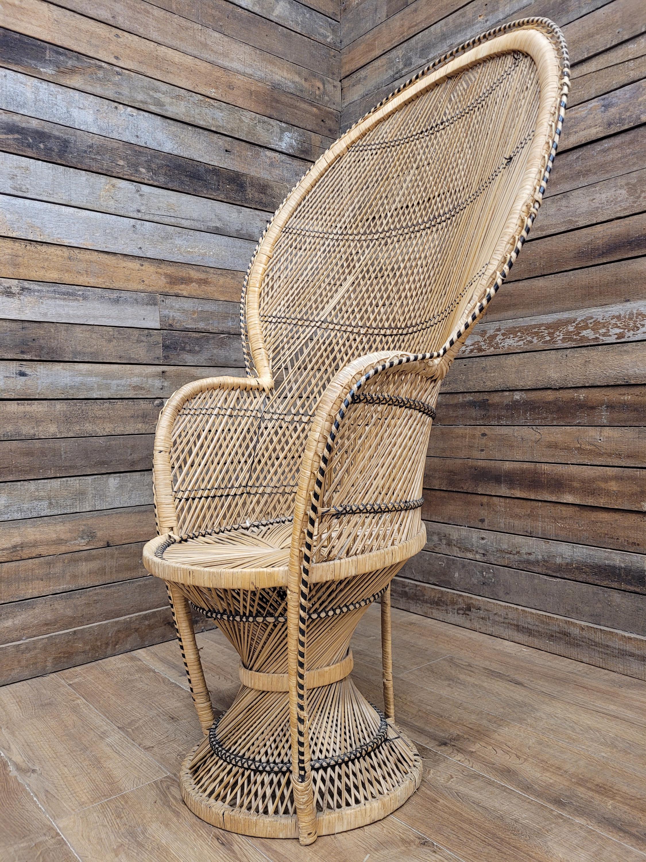 Peacock Chair Rattan Wicker Bohemian High Back Mid Century Vintage Armchair