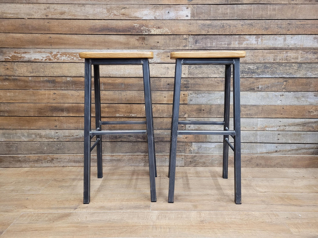 Pair Industrial Oak Bar Stools Metal Frame Kitchen Breakfast Seating