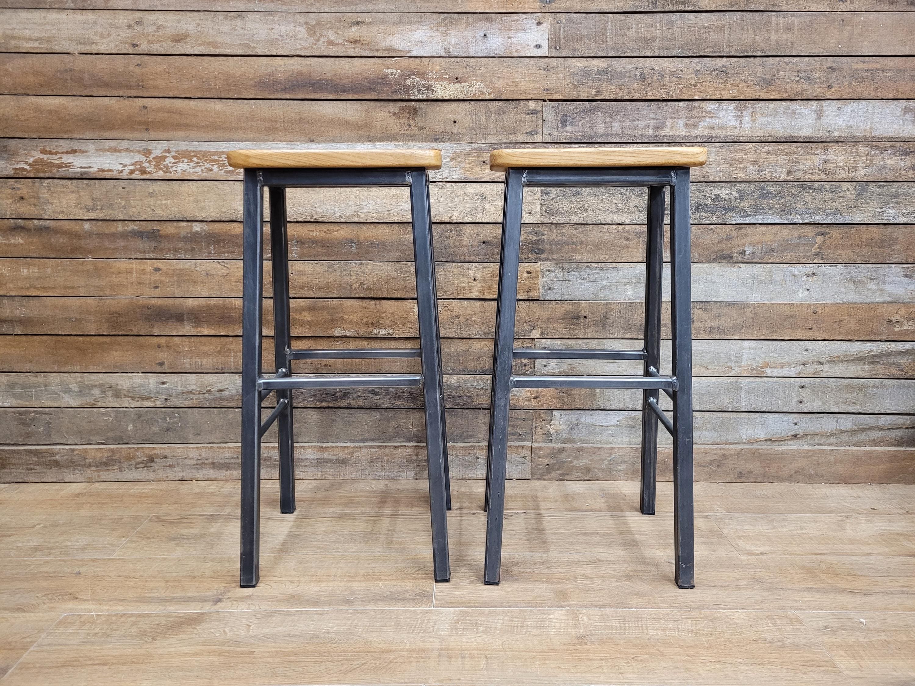 Pair Industrial Oak Bar Stools Metal Frame Kitchen Breakfast Seating