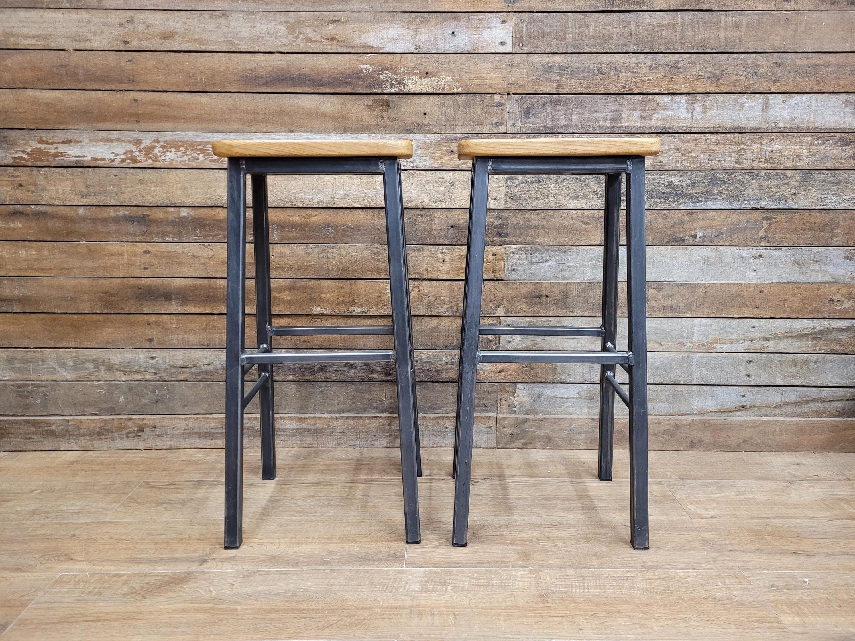 Pair Industrial Oak Bar Stools Metal Frame Kitchen Breakfast Seating