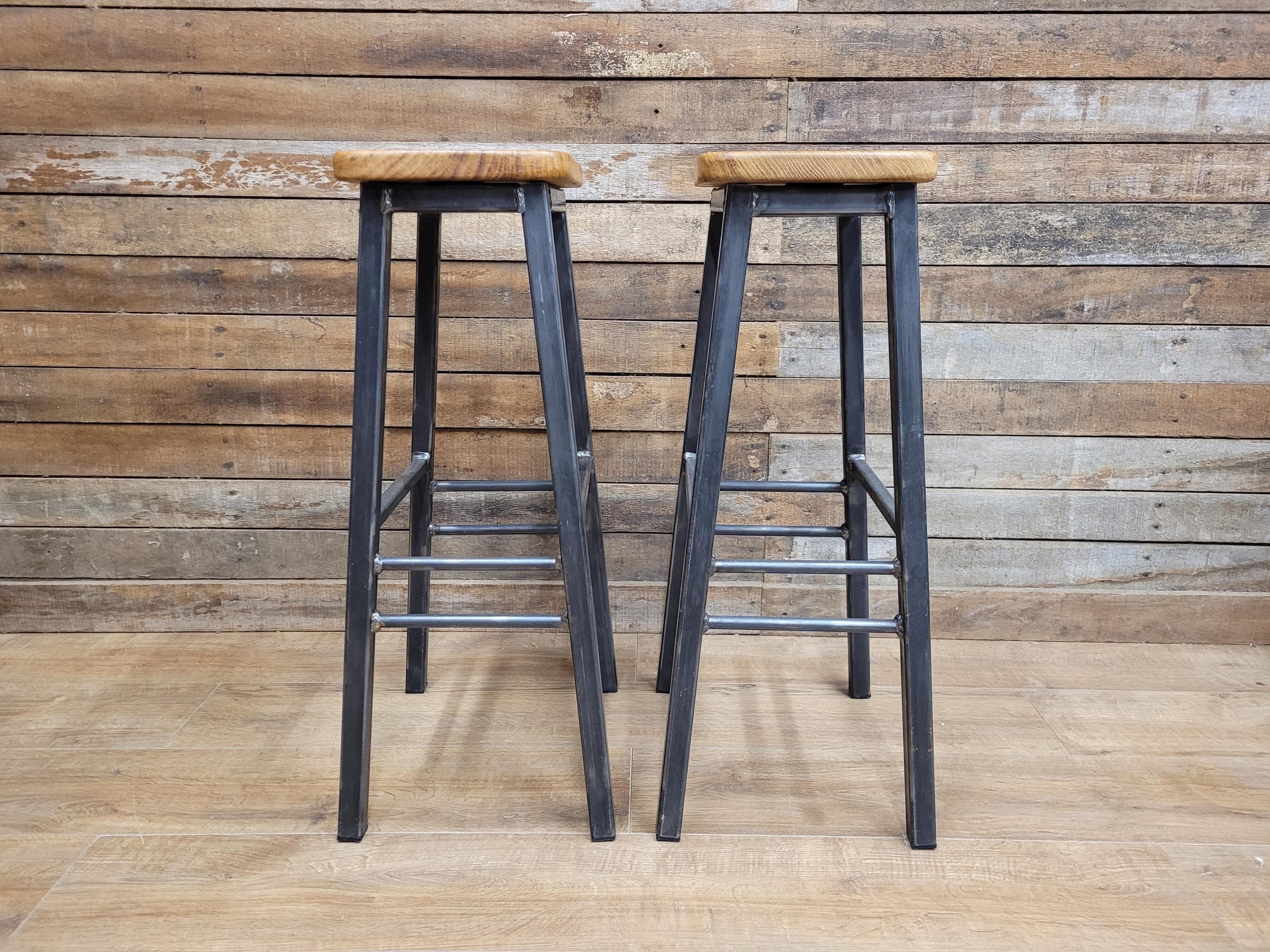 Pair Industrial Oak Bar Stools Metal Frame Kitchen Breakfast Seating
