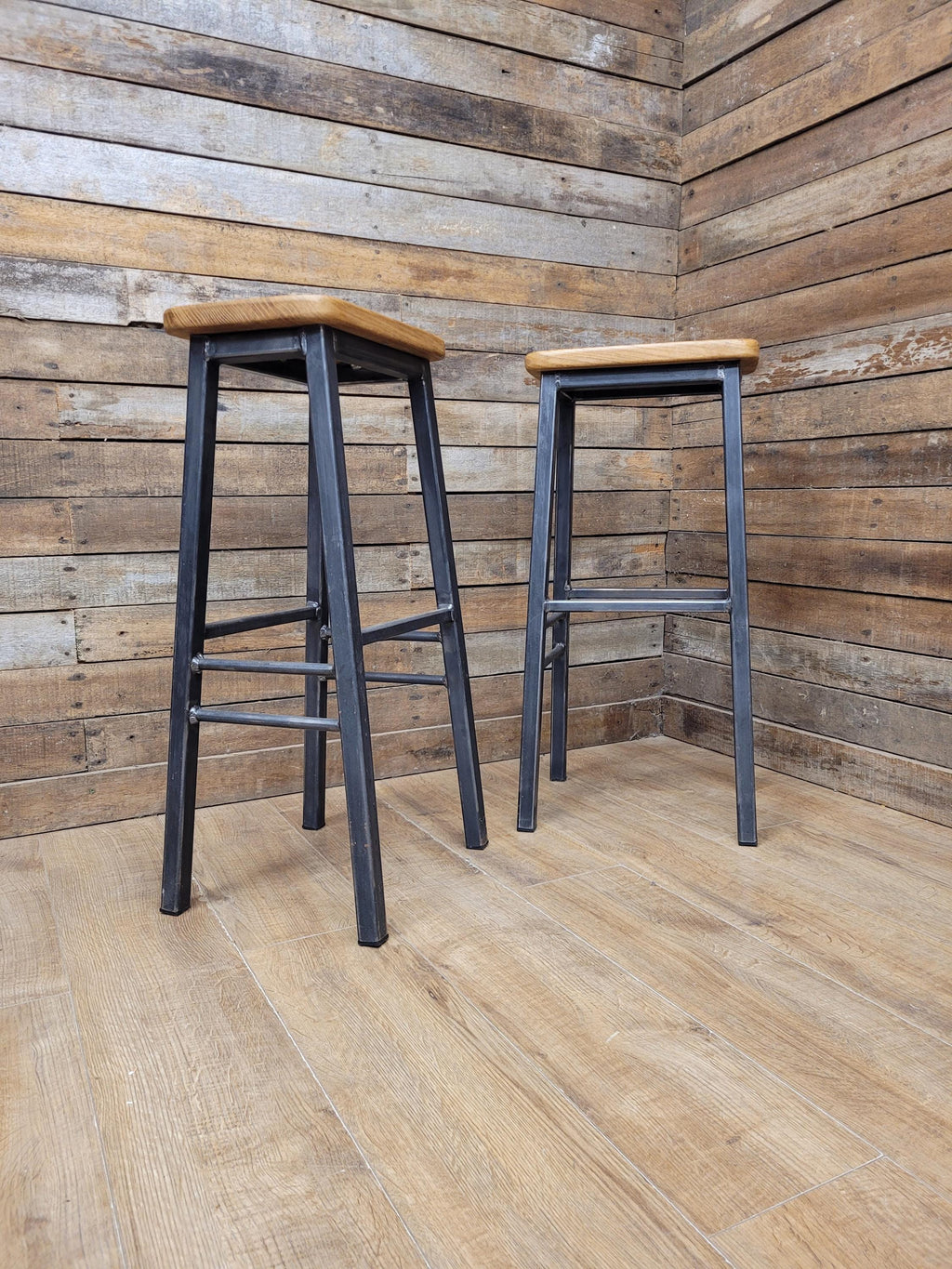 Pair Industrial Oak Bar Stools Metal Frame Kitchen Breakfast Seating