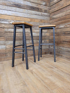 Pair Industrial Oak Bar Stools Metal Frame Kitchen Breakfast Seating