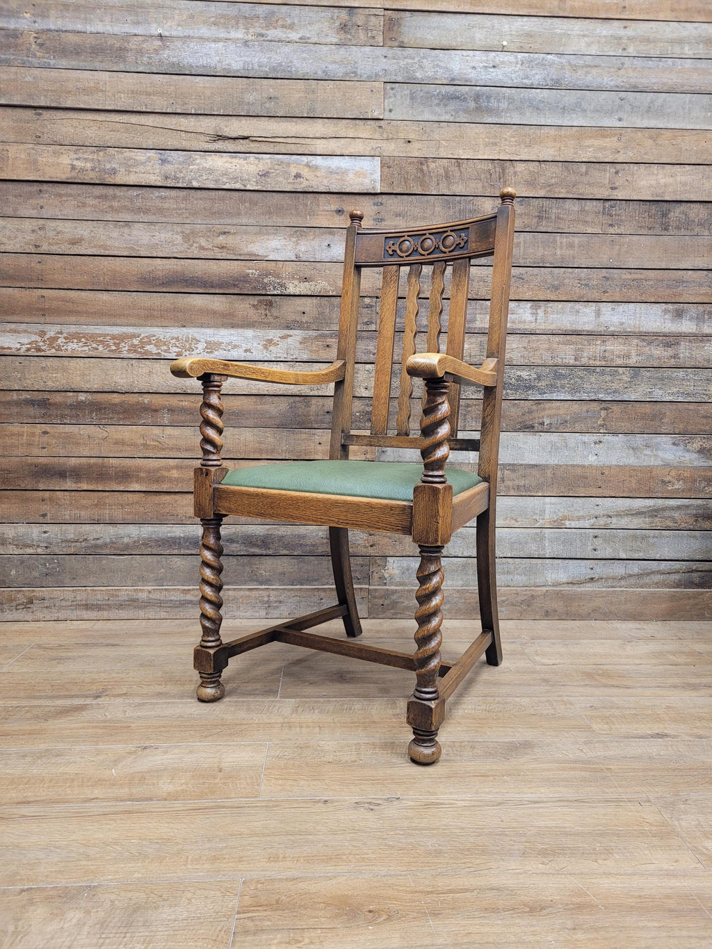 Oak Barley Twist Armchair Arts And Crafts Hall Chair Faux Leather Seat