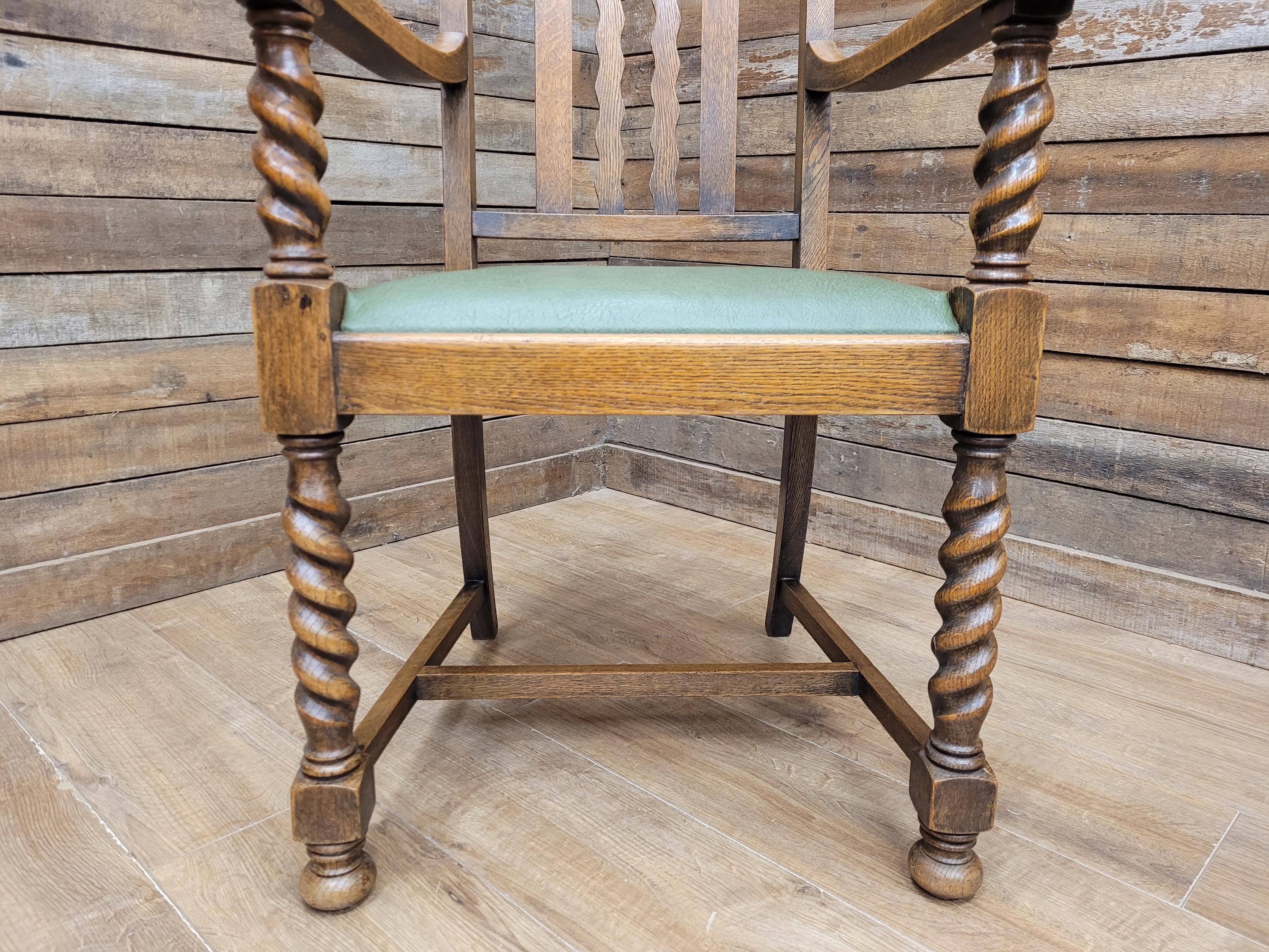 Oak Barley Twist Armchair Arts And Crafts Hall Chair Faux Leather Seat
