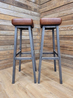 Pair Industrial Bar Stools Faux Leather Metal Frame Seating