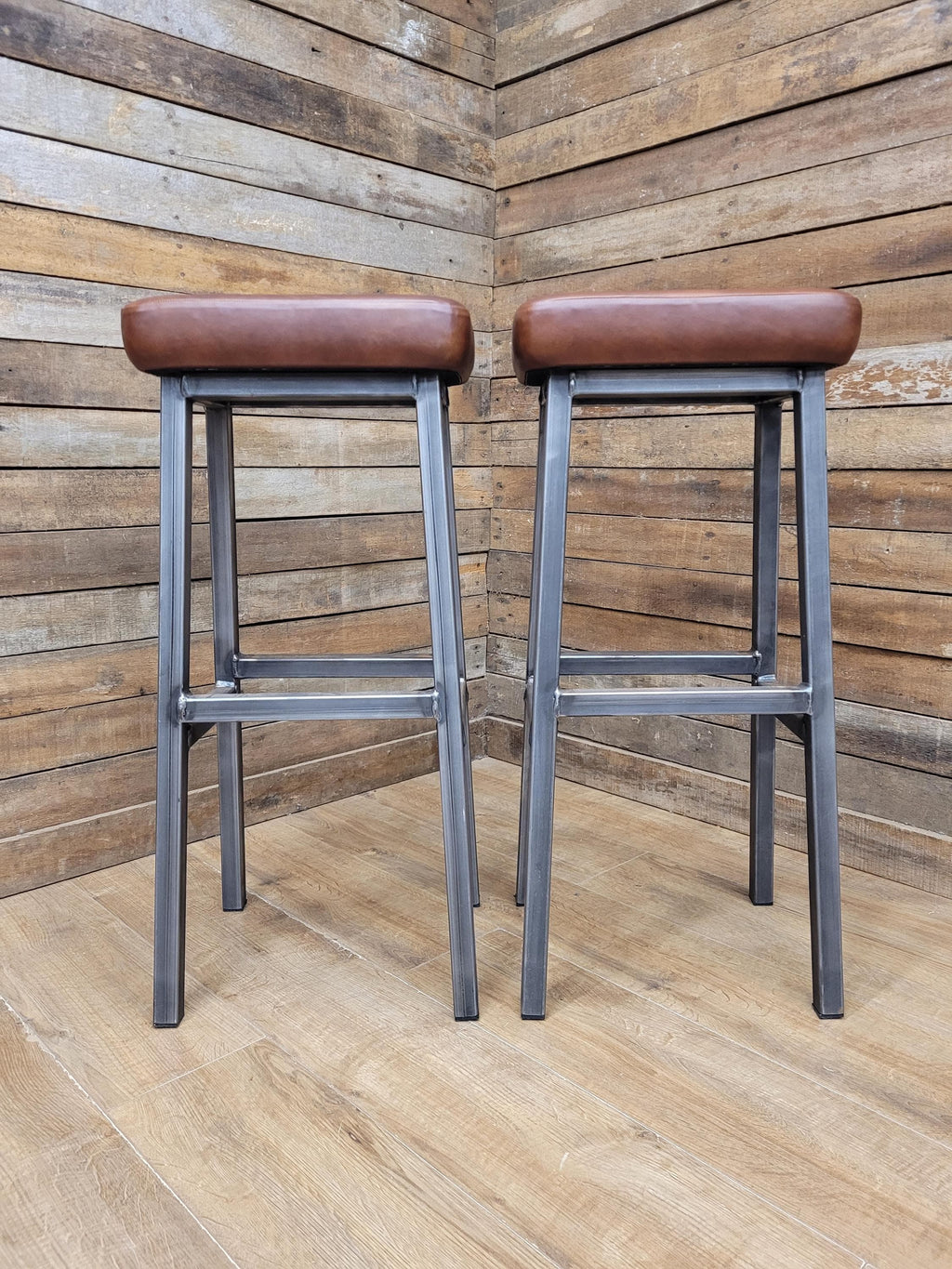 Pair Industrial Bar Stools Faux Leather Metal Frame Seating